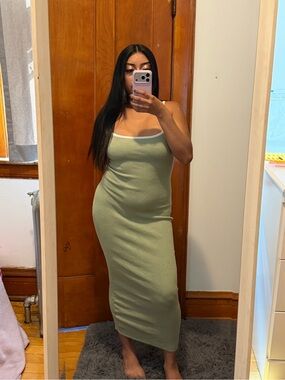 Strapless Olive Green Maxi Dress with White Trim